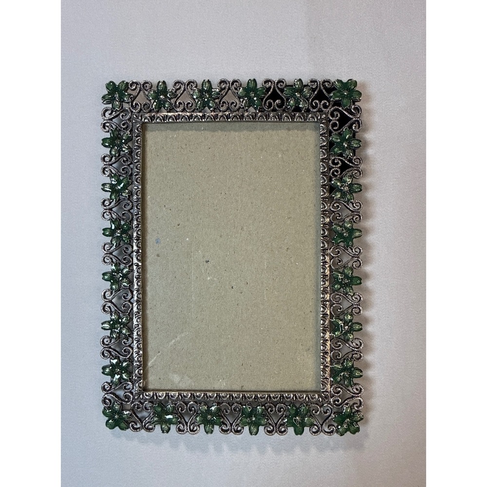 Vintage Silver Tone Green Enamel Flower Filigree Metal Picture Frame 4x5.5